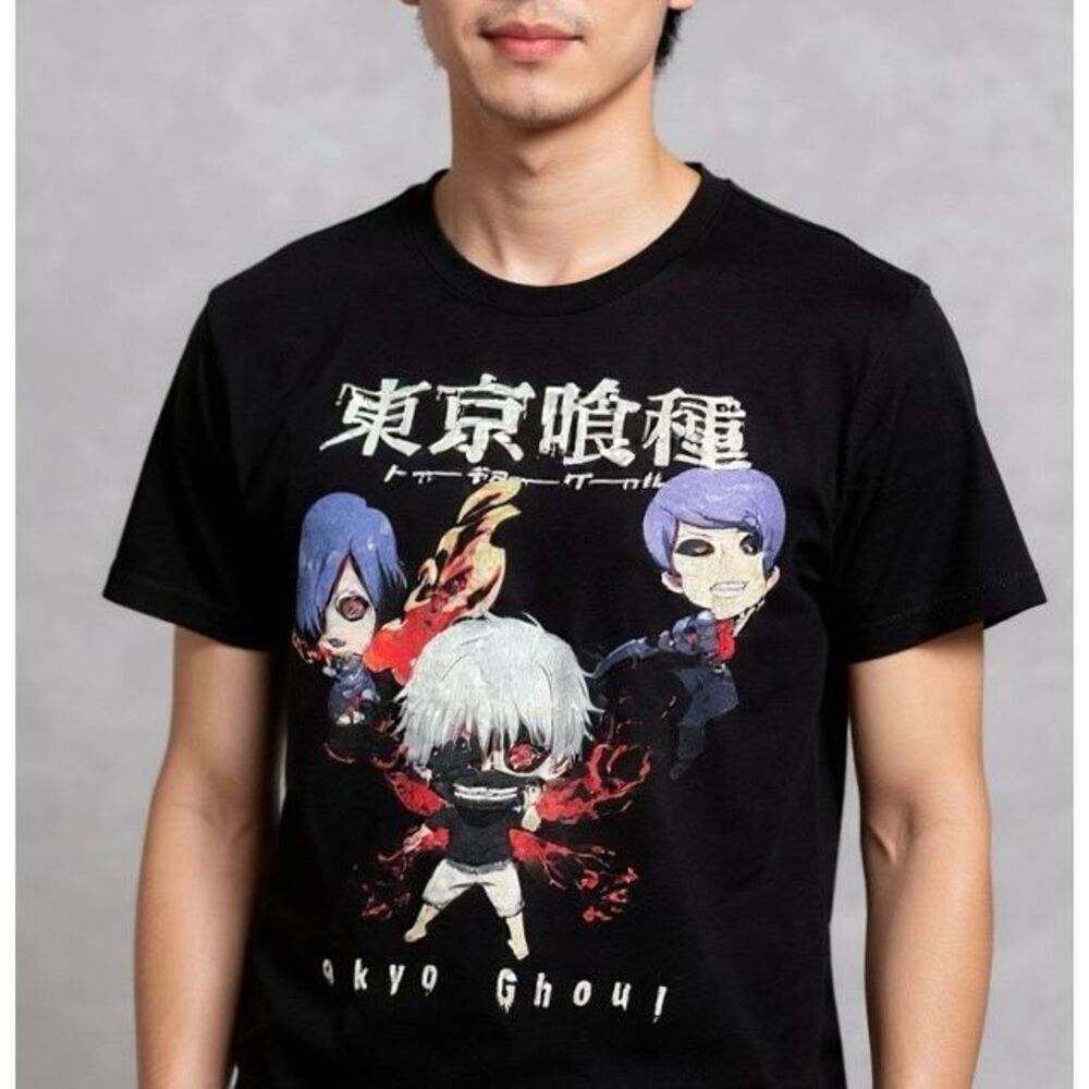 Tokyo Ghoul Mens T-Shirt - Chibi Trio Under Kanji Logo Image Size Medium